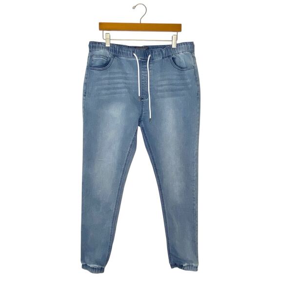 Forever 21 Mens Large Blue Stretch Joggers Comfort Athleisure Denim Look - Picture 1 of 14